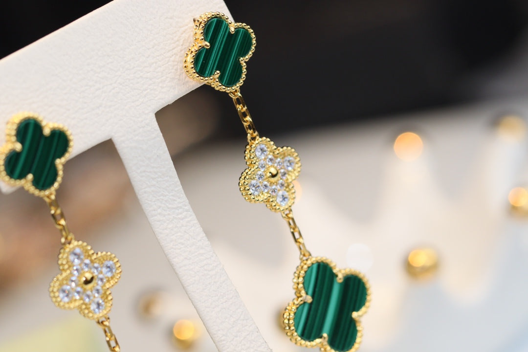 [moco jewelrys]CLOVER EARRINGS GOLD MALACHITE DIAMOND 3 MOTIF