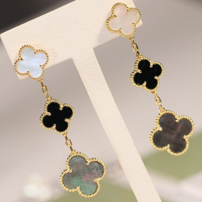 [moco jewelrys]CLOVER EARRINGS GOLD ONYX MOP 3 MOTIF