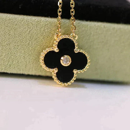 [moco jewelrys]CLOVER 15MM DIAMOND ONYX NECKLACE