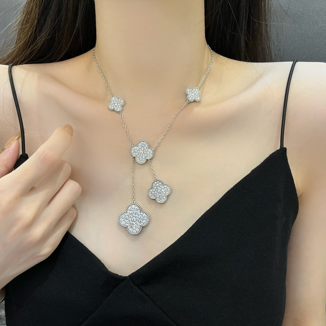 [moco jewelrys]CLOVER 5 MOTIFS SILVER DIAMONDS NECKLACE