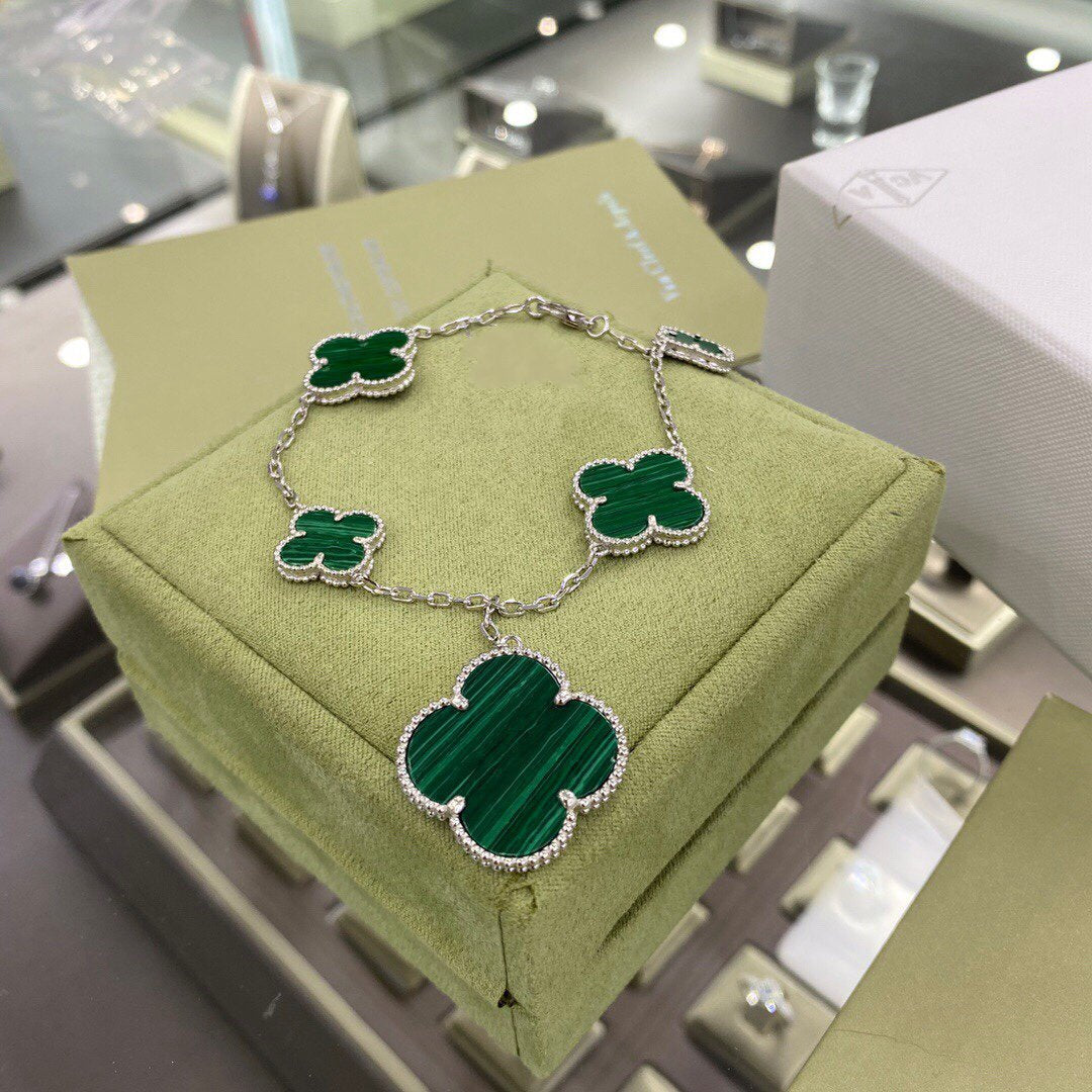 [moco jewelrys]CLOVER 5 MOTIFS SIVLER MALACHITE BRACELET