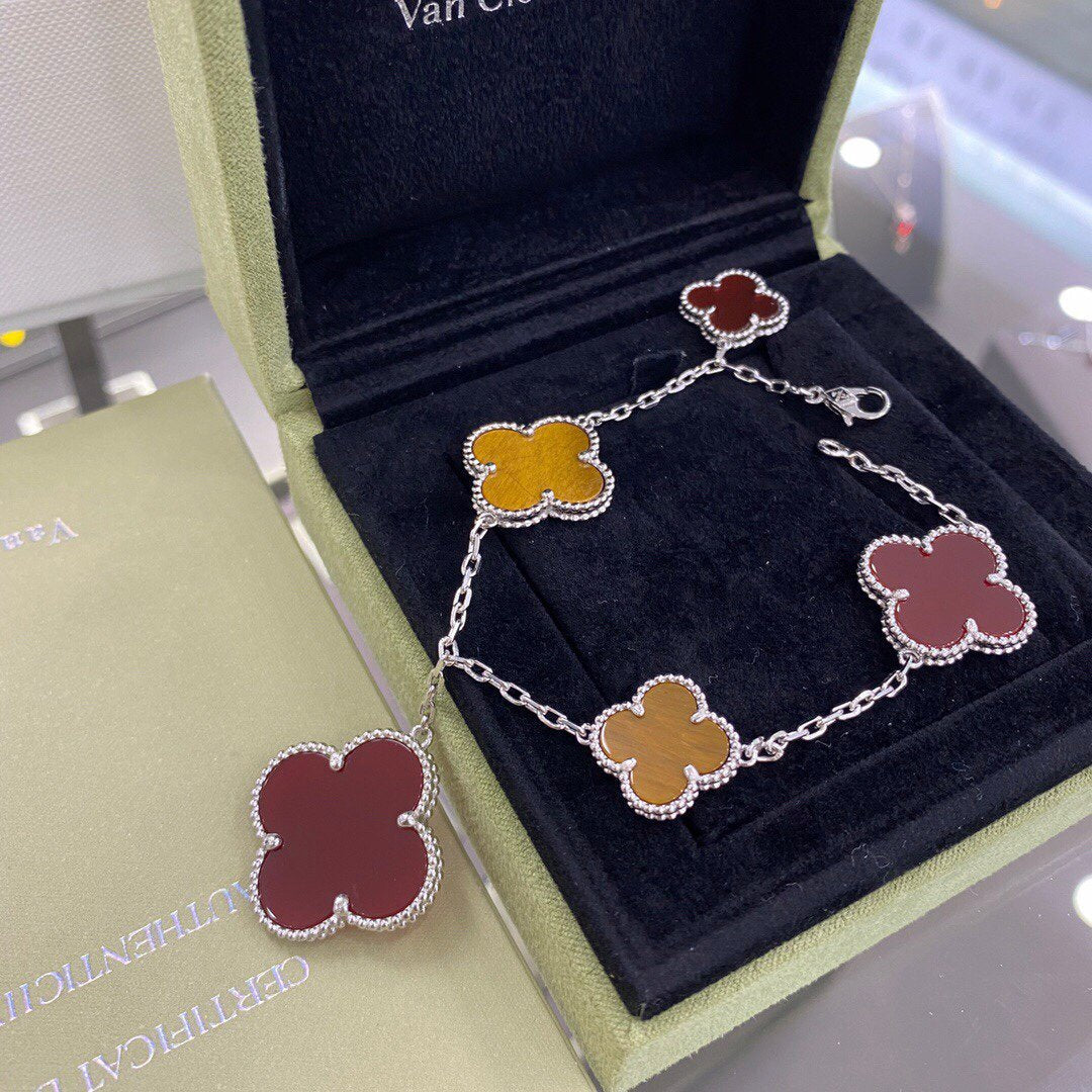 [moco jewelrys]CLOVER 5 MOTIFS SIVLER CARNELIAN TIGER EYE BRACELET
