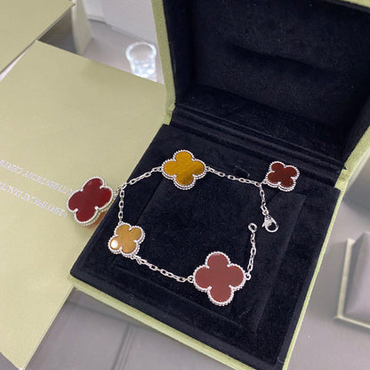 [moco jewelrys]CLOVER 5 MOTIFS SIVLER CARNELIAN TIGER EYE BRACELET
