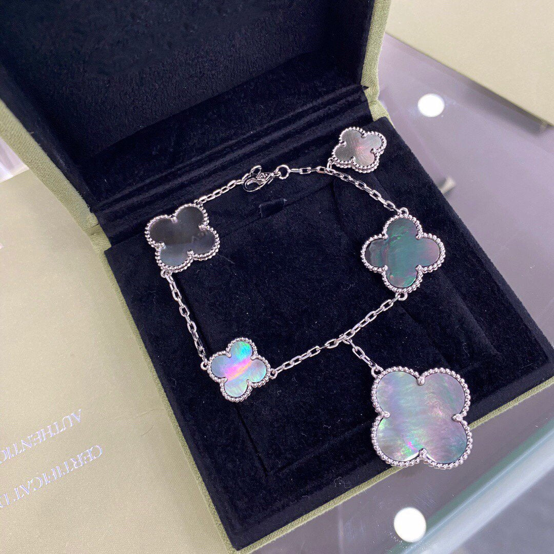 [moco jewelrys]CLOVER 5 MOTIFS SIVLER DARK MOP BRACELET