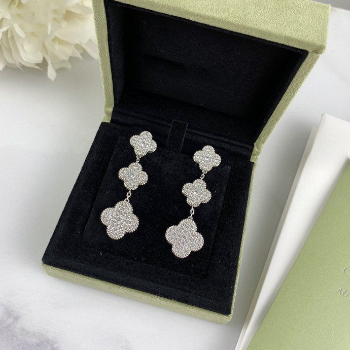 [moco jewelrys]CLOVER 3 MOTIF DIAMOND SILVER DROP EARRINGS