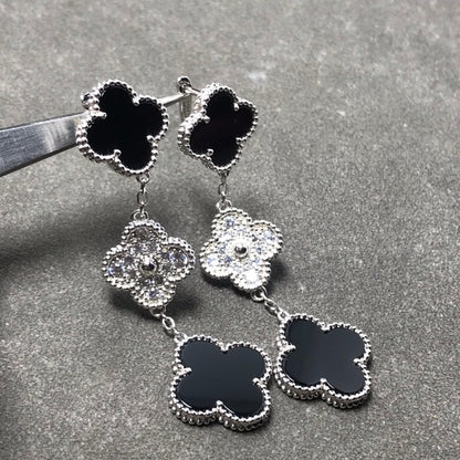 [moco jewelrys]CLOVER 3 MOTIF DIAMOND ONYX SILVER EARRINGS