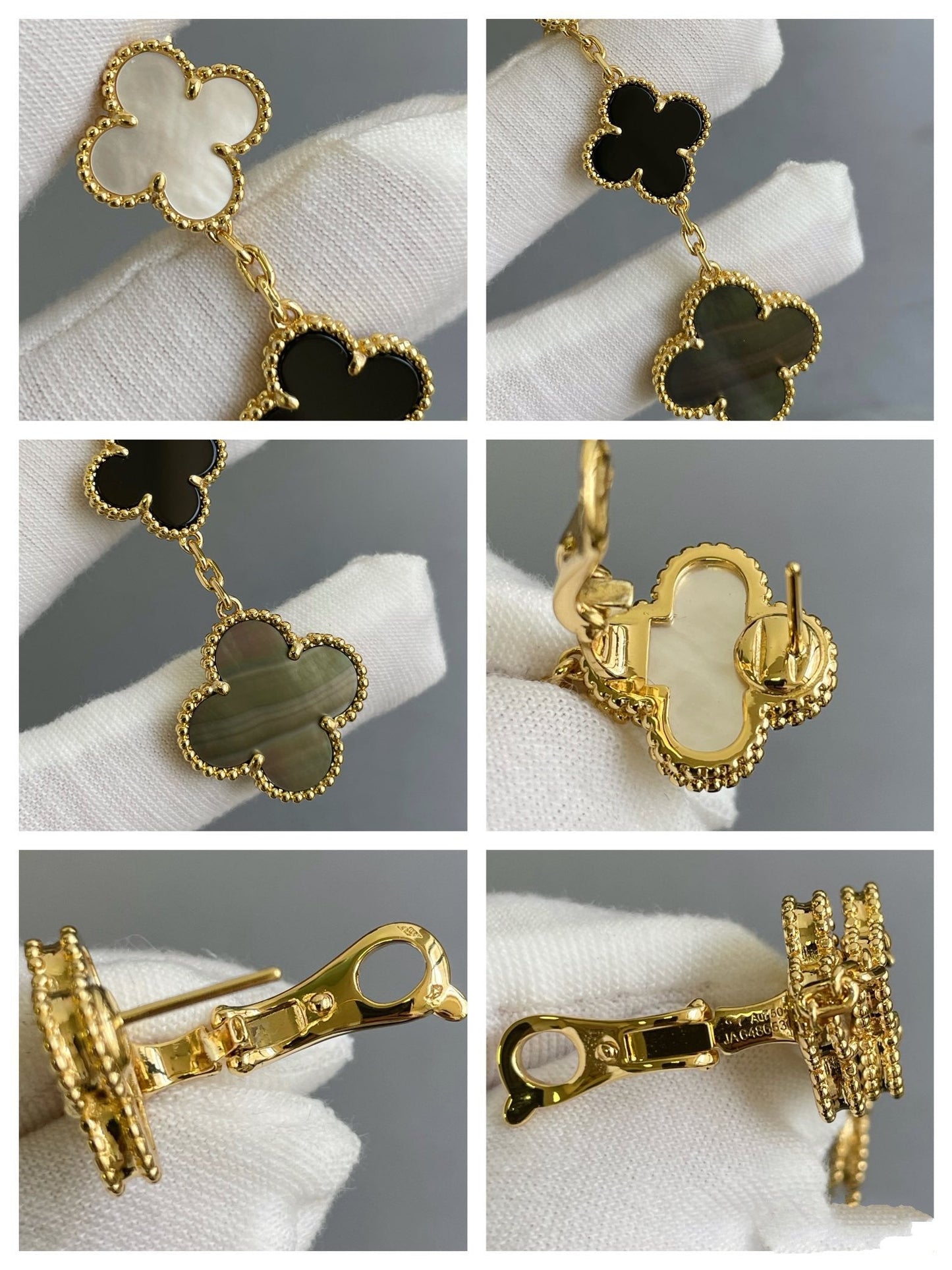 [moco jewelrys]CLOVER 3 MOTIF MOP ONYX DARK MOP PINK GOLD EARRINGS