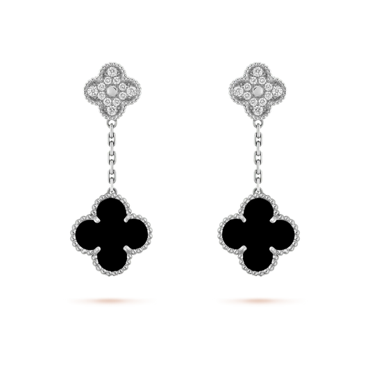 [moco jewelrys]CLOVER 2 MOTIFS  DIAMOND ONYX EARRINGS SILVER