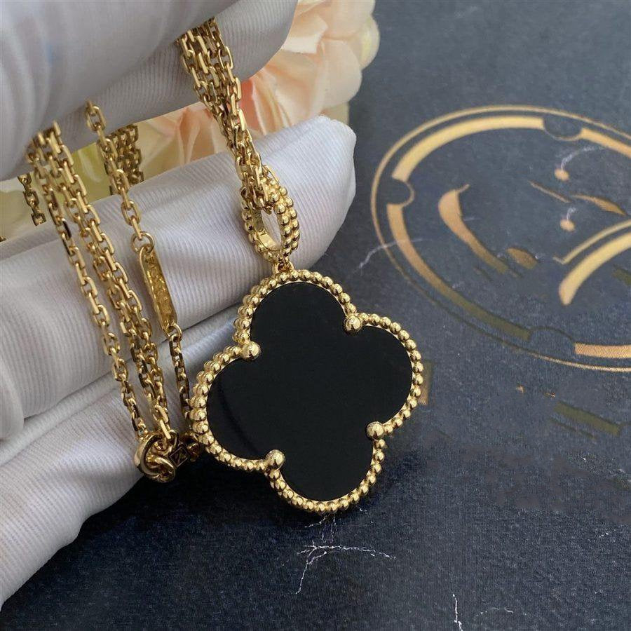 [moco jewelrys]CLOVER 25MM GOLD ONYX BIG CLOVER NECKLACE